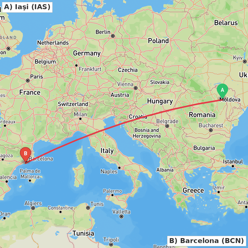 Flight route map from Iaşi to Barcelona