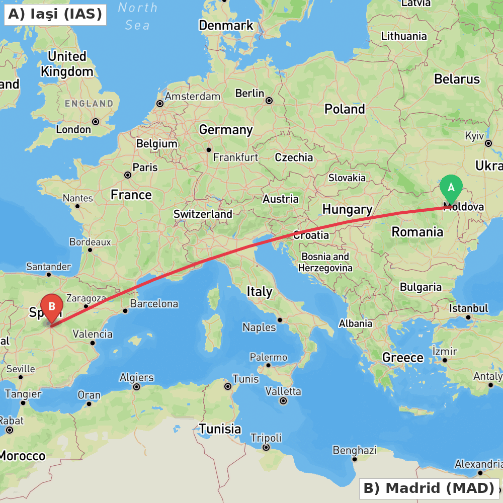 Flight route map from Iaşi to Madrid