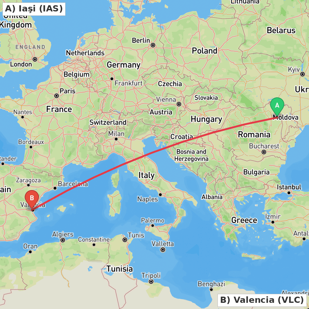 Flight route map from Iaşi to Valencia