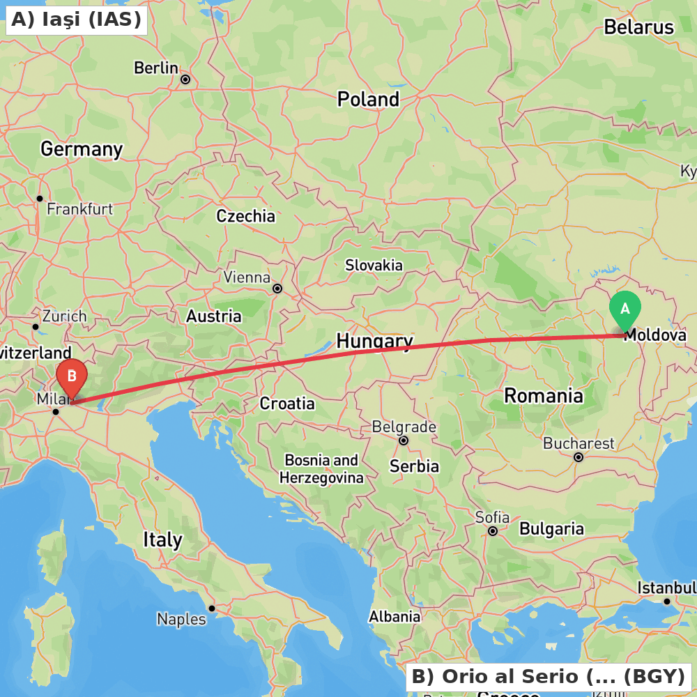 Flight route map from Iaşi to Orio al Serio (BG)
