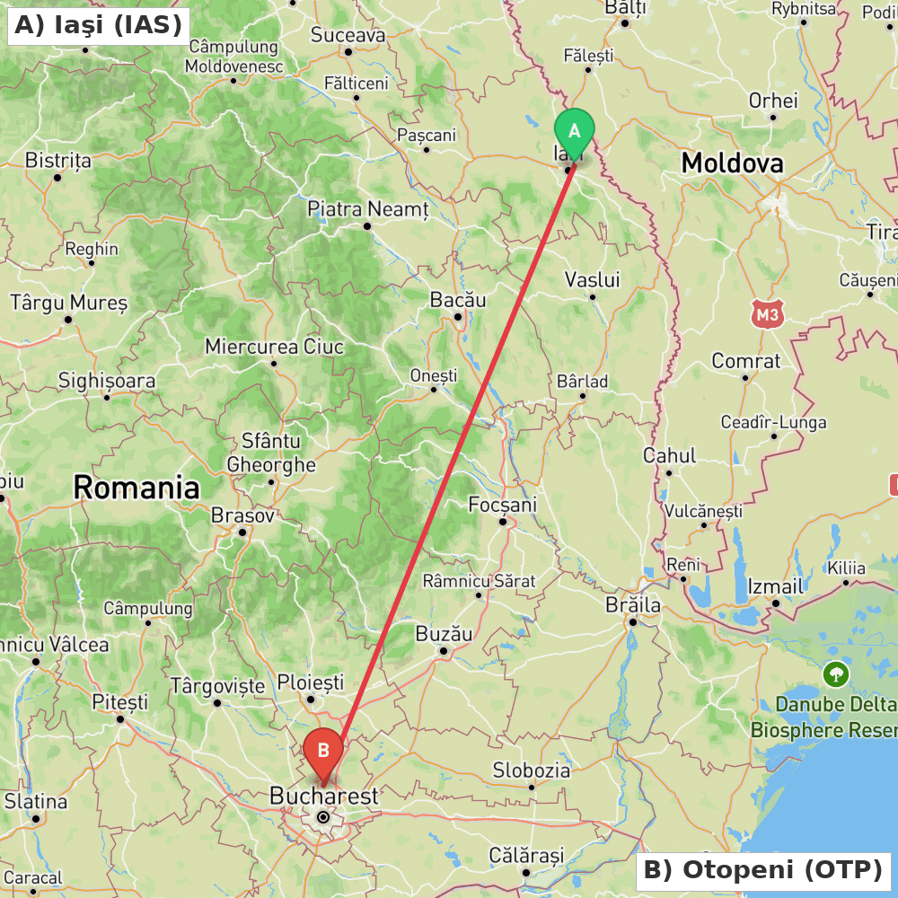 Flight route map from Iaşi to Otopeni