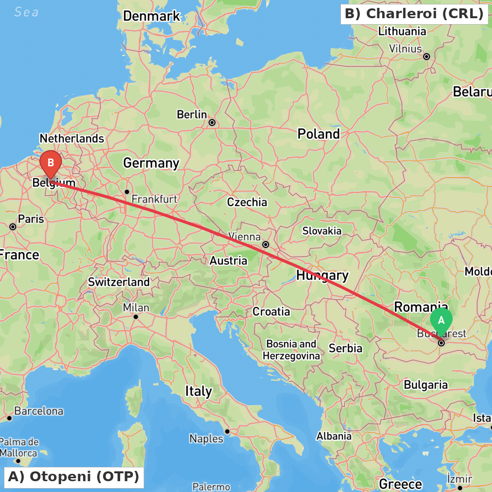 Flight route map from Otopeni to Charleroi