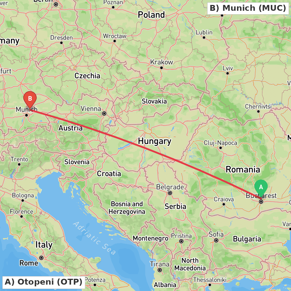 Flight route map from Otopeni to Munich