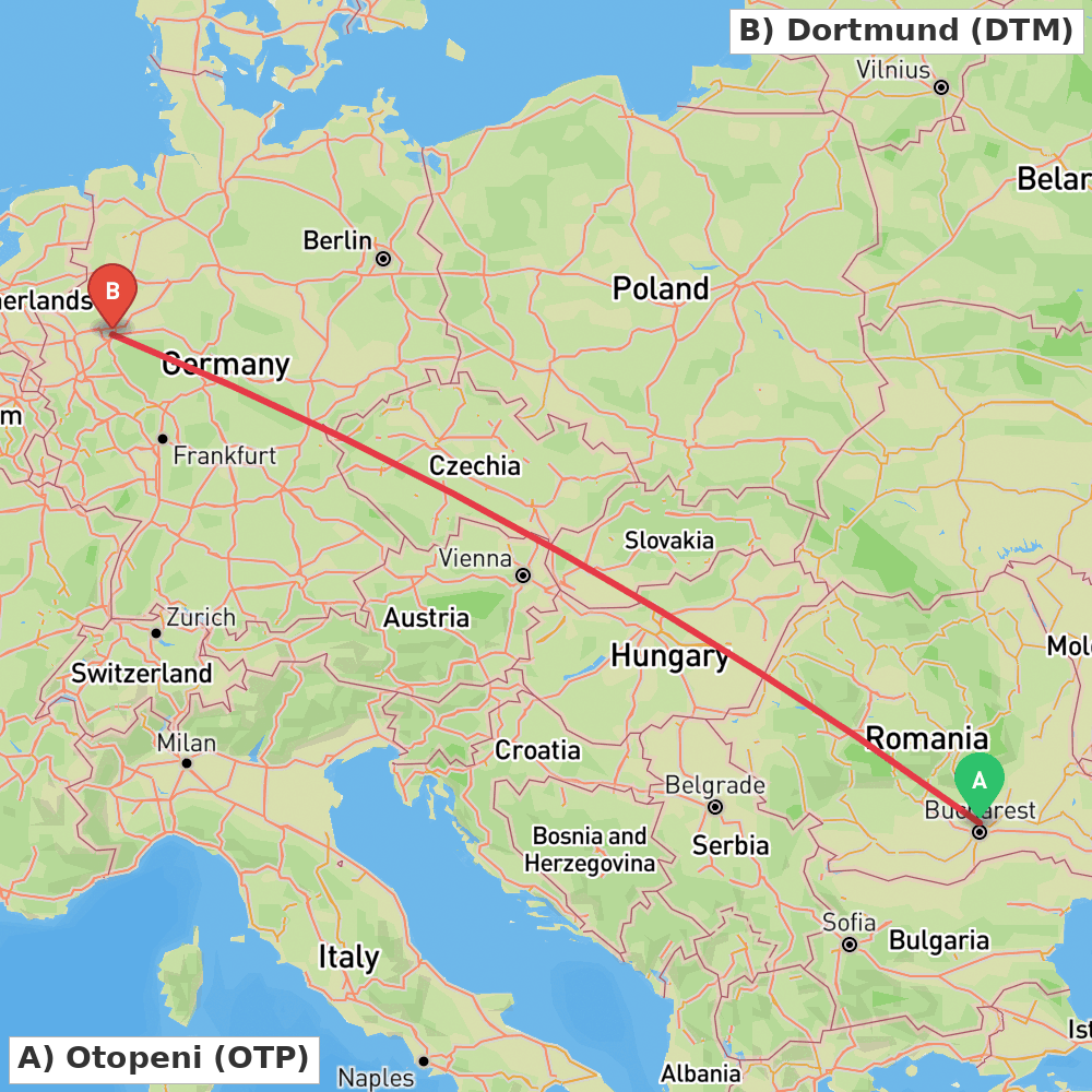 Flight route map from Otopeni to Dortmund
