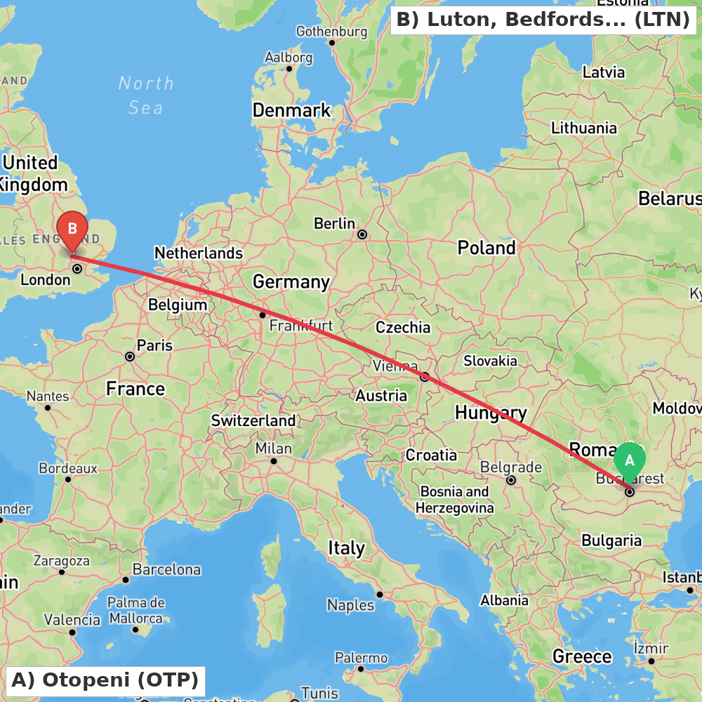 Flight route map from Otopeni to Luton, Bedfordshire