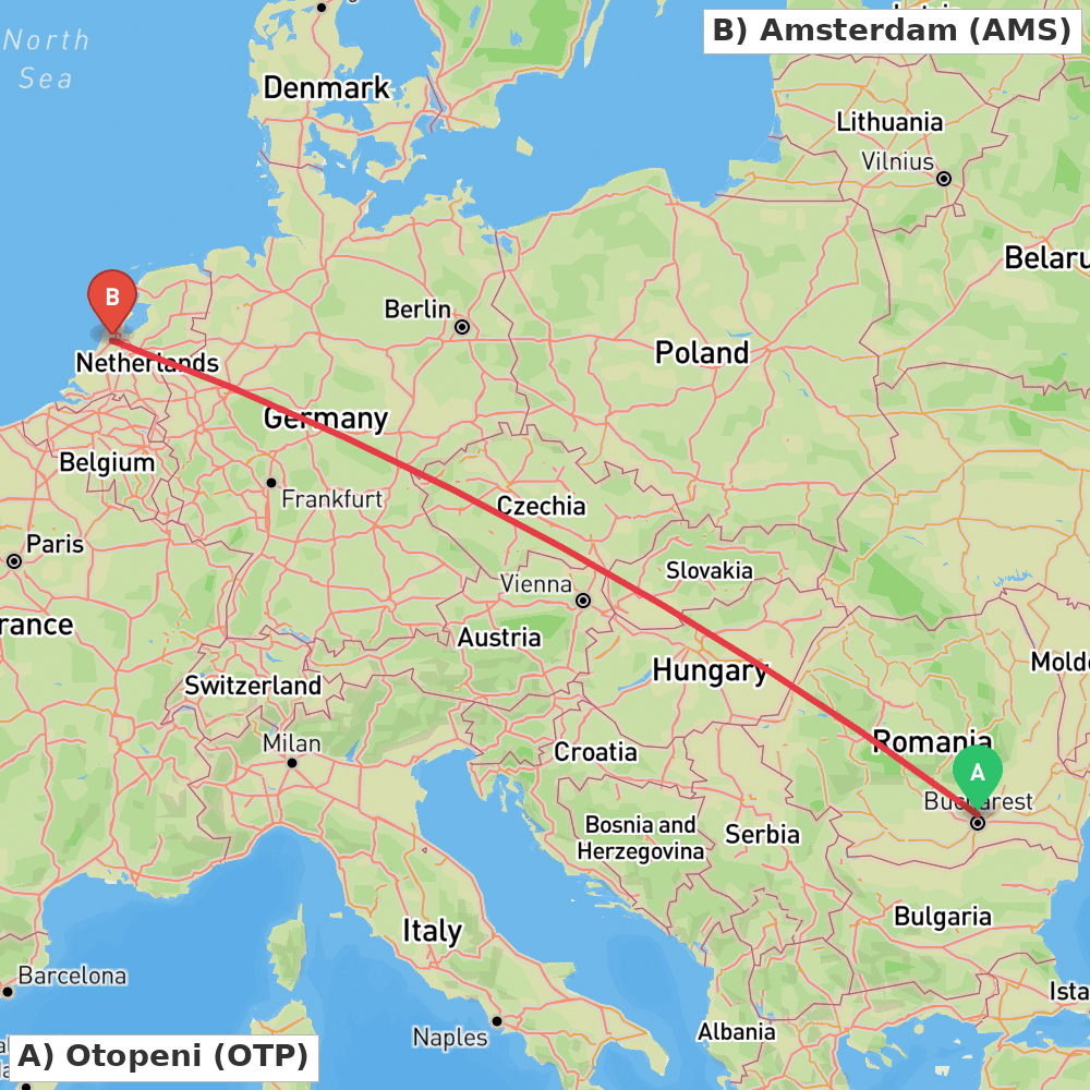 Flight route map from Otopeni to Amsterdam