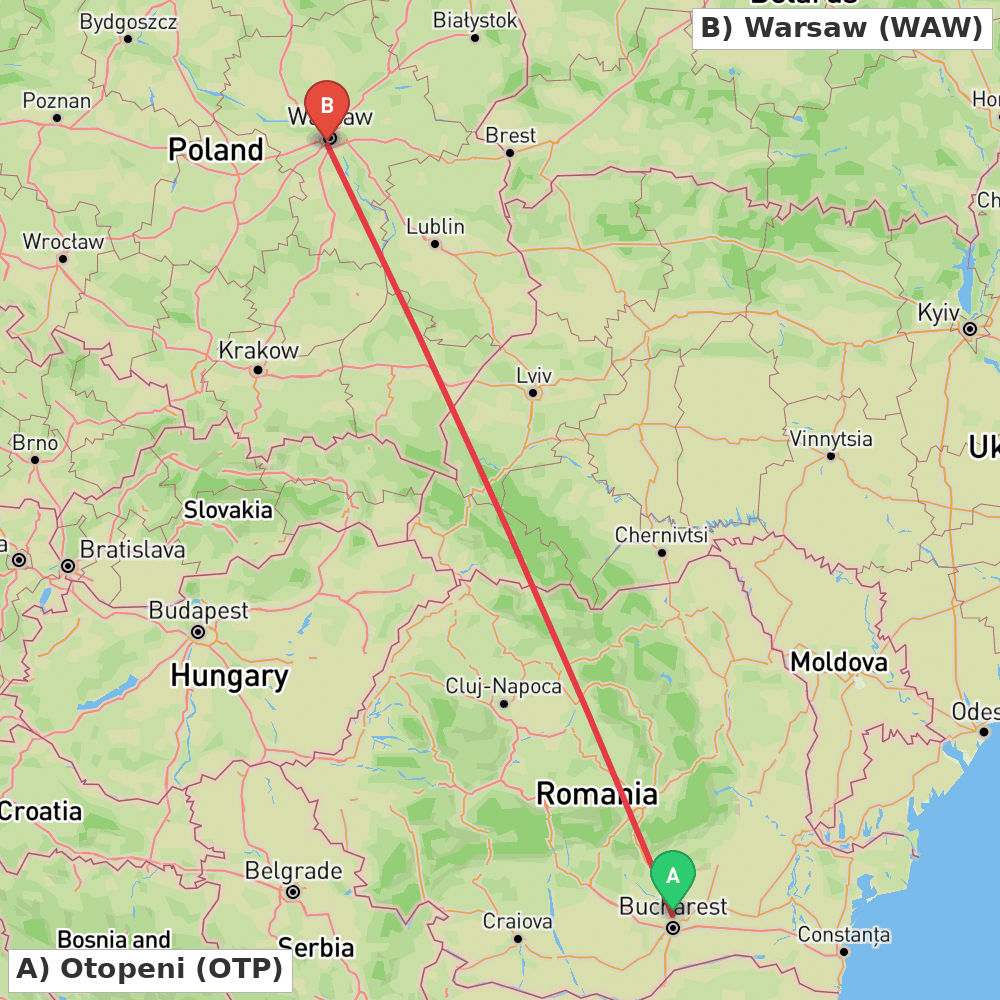 Flight route map from Otopeni to Warsaw