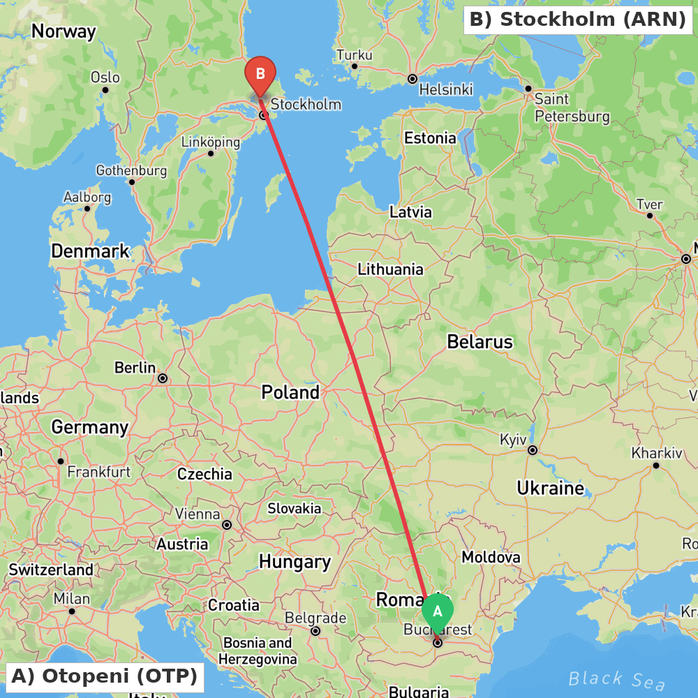Flight route map from Otopeni to Stockholm