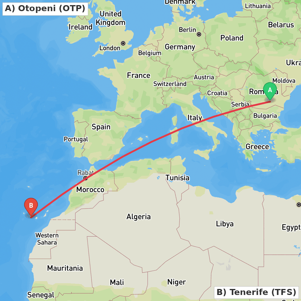 Flight route map from Otopeni to Tenerife