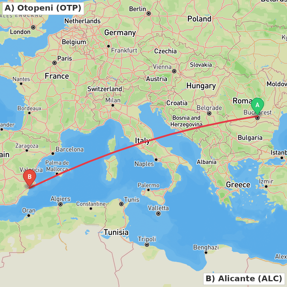 Flight route map from Otopeni to Alicante