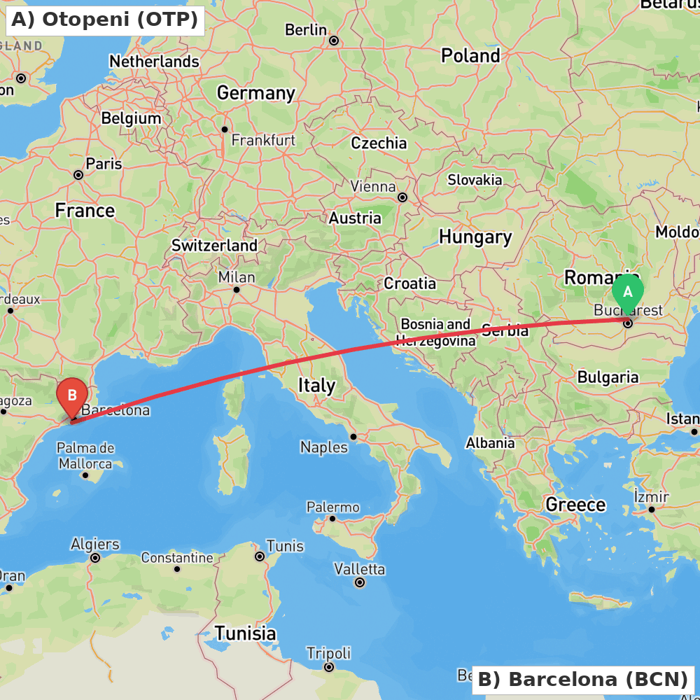 Flight route map from Otopeni to Barcelona