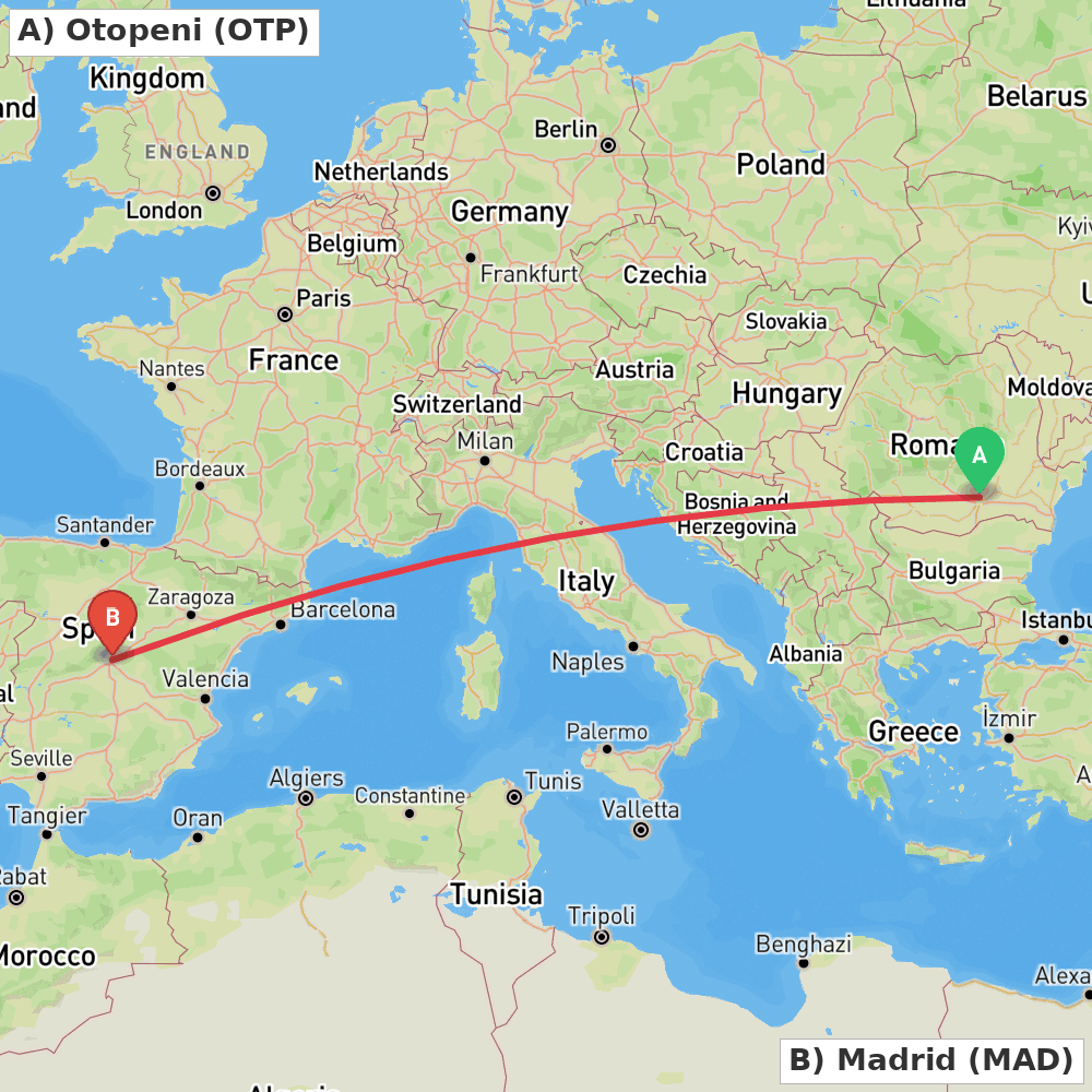 Flight route map from Otopeni to Madrid