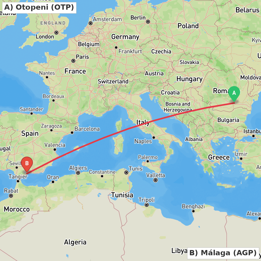 Flight route map from Otopeni to Málaga