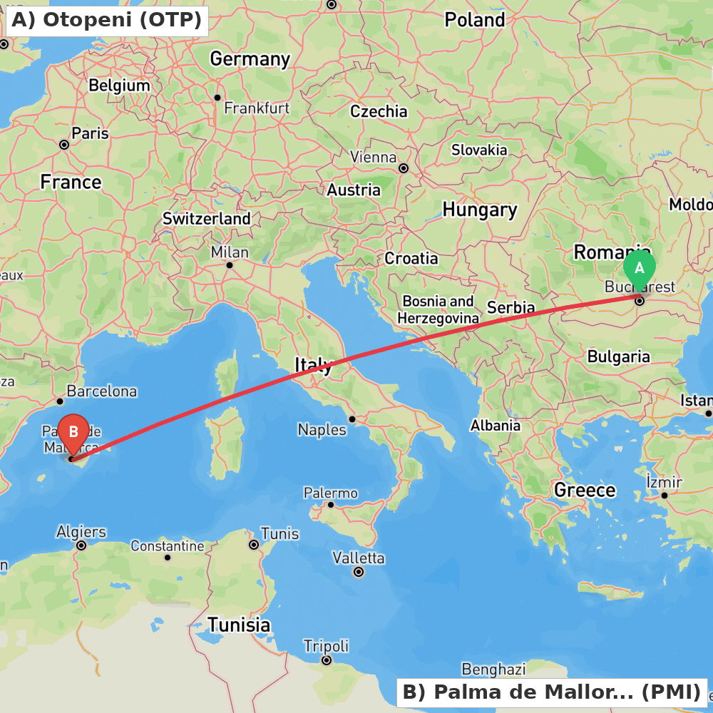 Flight route map from Otopeni to Palma de Mallorca