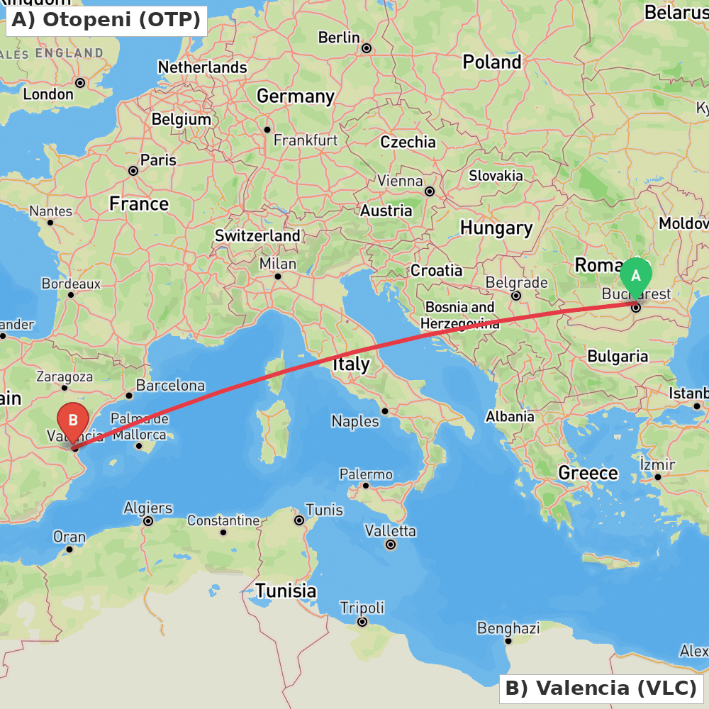 Flight route map from Otopeni to Valencia