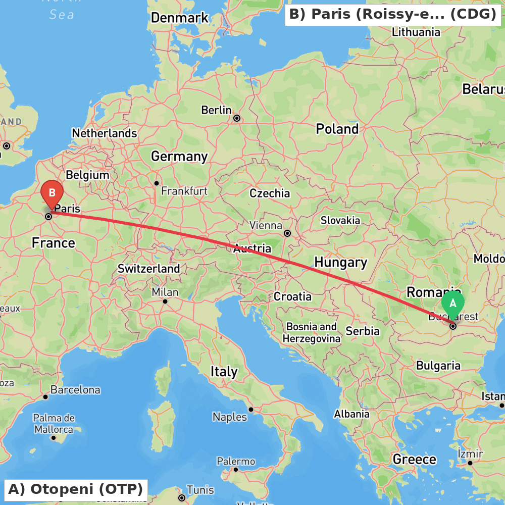 Flight route map from Otopeni to Paris (Roissy-en-France, Val-d'Oise)