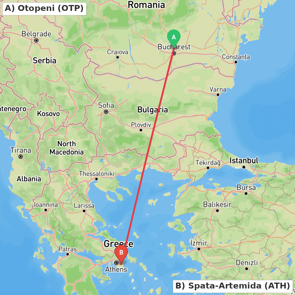 Flight route map from Otopeni to Spata-Artemida