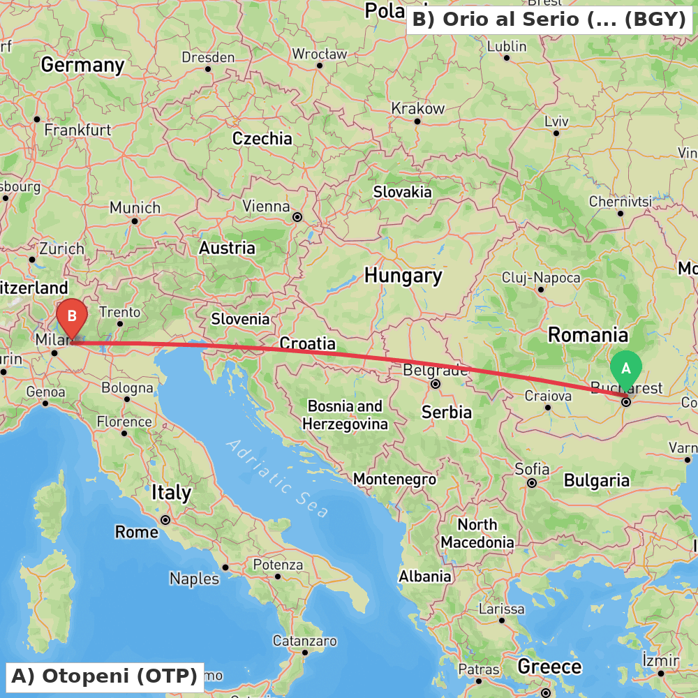 Flight route map from Otopeni to Orio al Serio (BG)