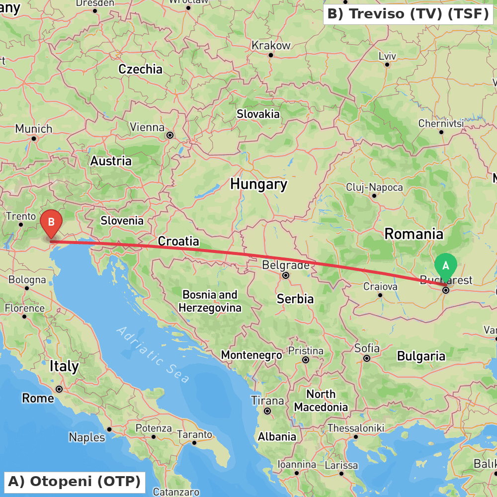 Flight route map from Otopeni to Treviso (TV)