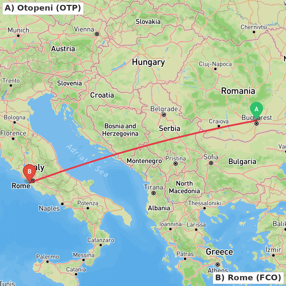 Flight route map from Otopeni to Rome