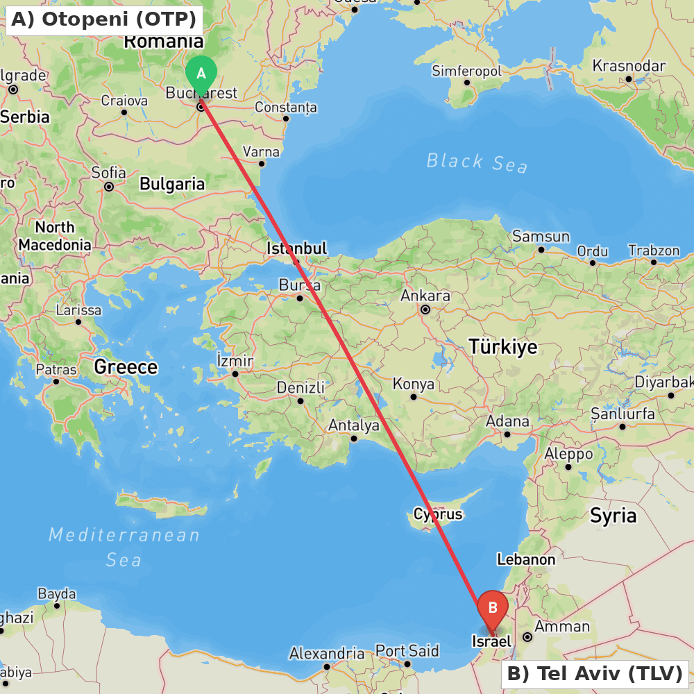 Flight route map from Otopeni to Tel Aviv