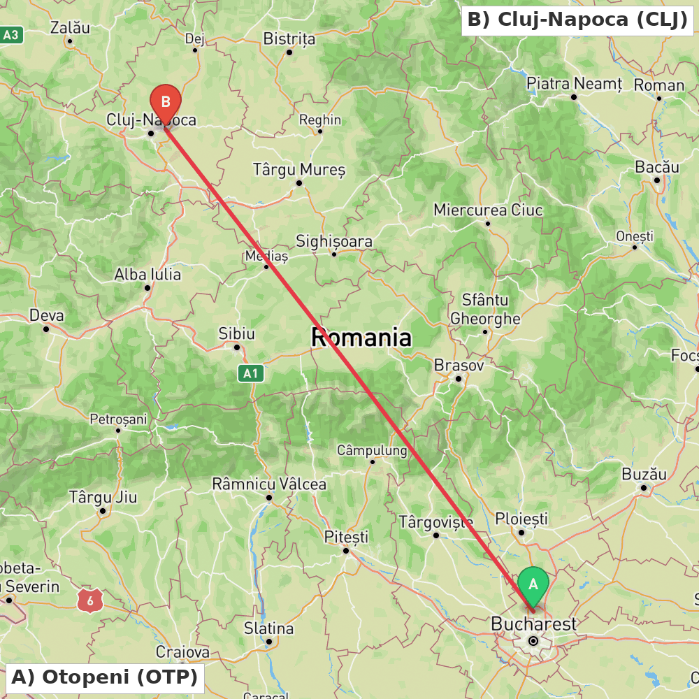 Flight route map from Otopeni to Cluj-Napoca