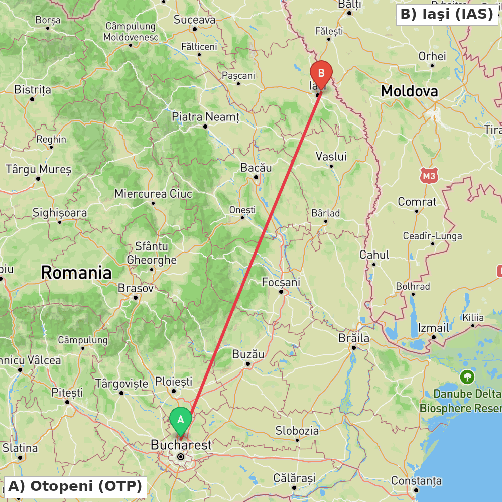 Flight route map from Otopeni to Iaşi