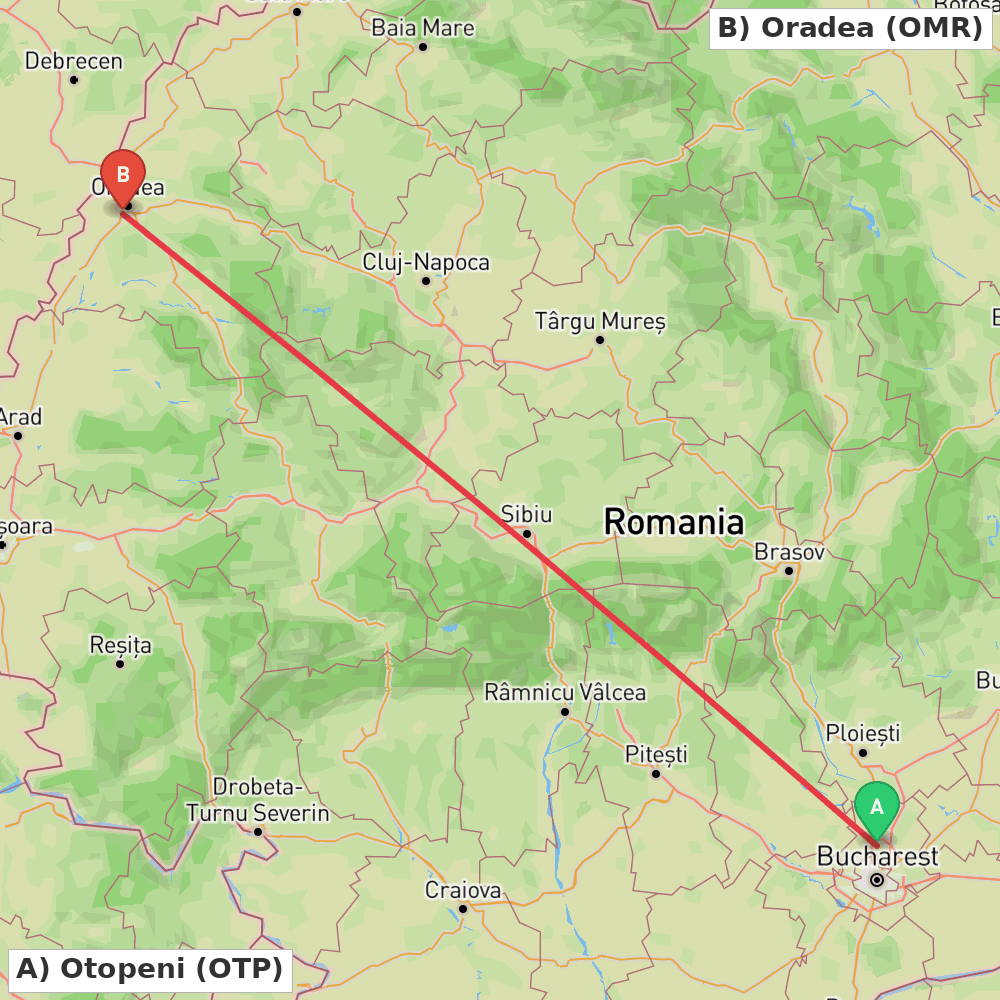 Flight route map from Otopeni to Oradea