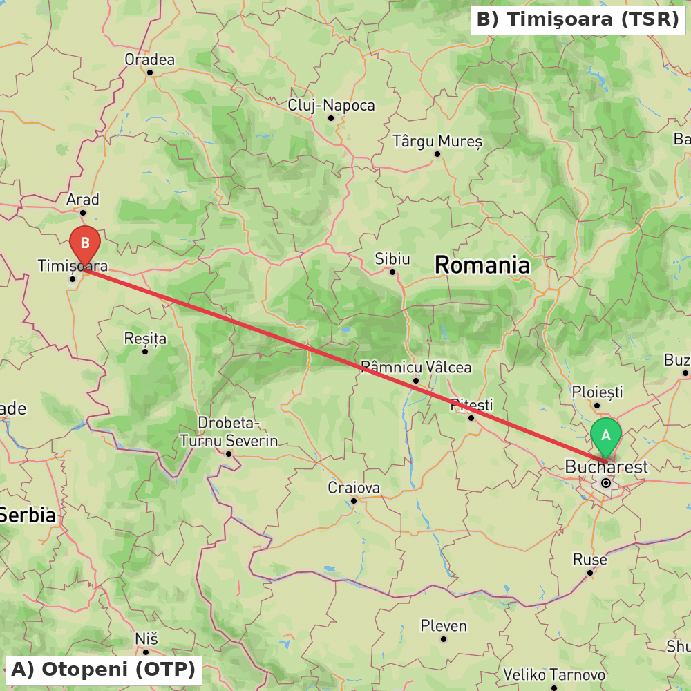 Flight route map from Otopeni to Timişoara