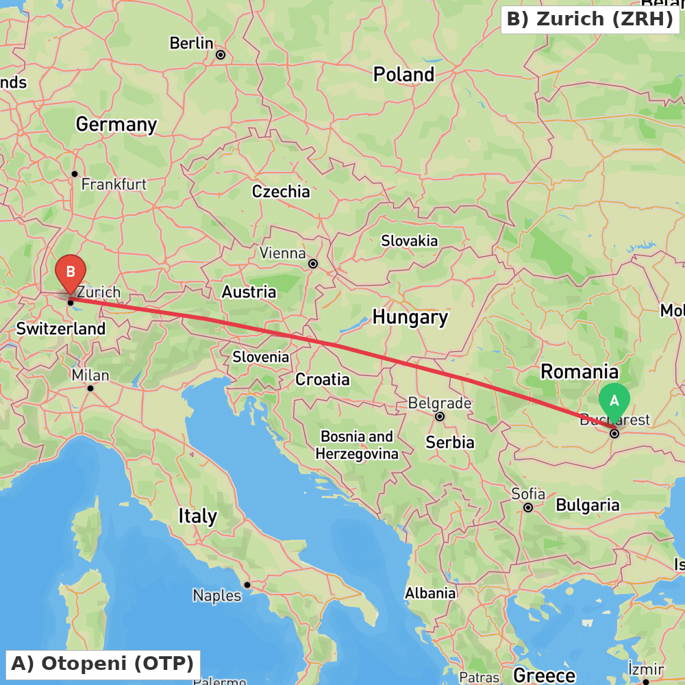 Flight route map from Otopeni to Zurich