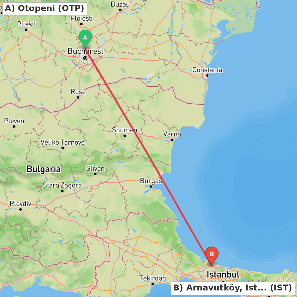 Flight route map from Otopeni to Arnavutköy, Istanbul