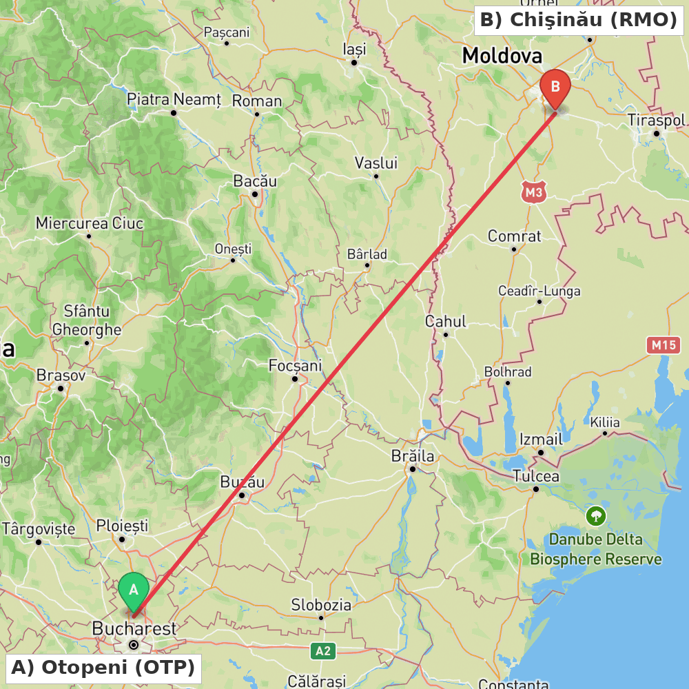 Flight route map from Otopeni to Chişinău