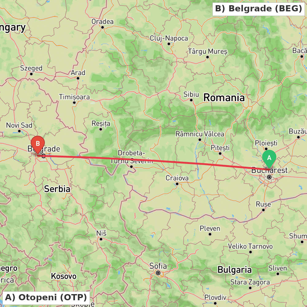 Flight route map from Otopeni to Belgrade