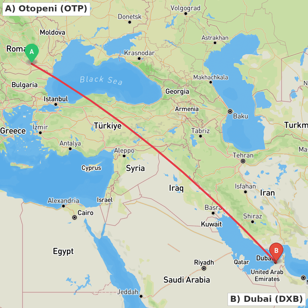 Flight route map from Otopeni to Dubai