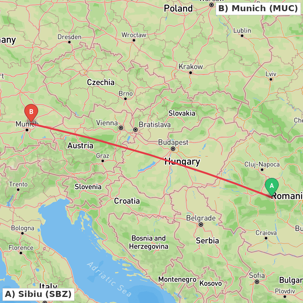 Flight route map from Sibiu to Munich