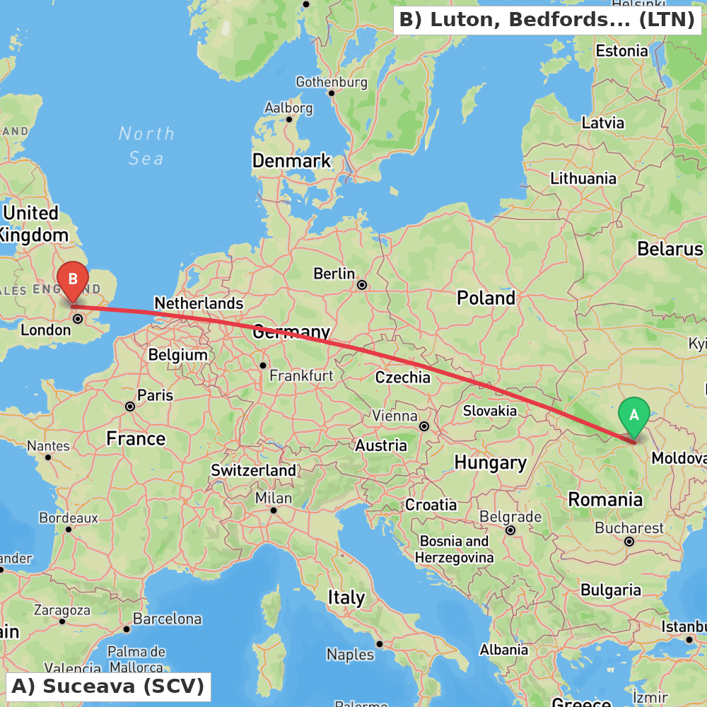 Flight route map from Suceava to Luton, Bedfordshire