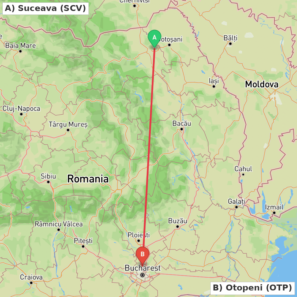 Flight route map from Suceava to Otopeni