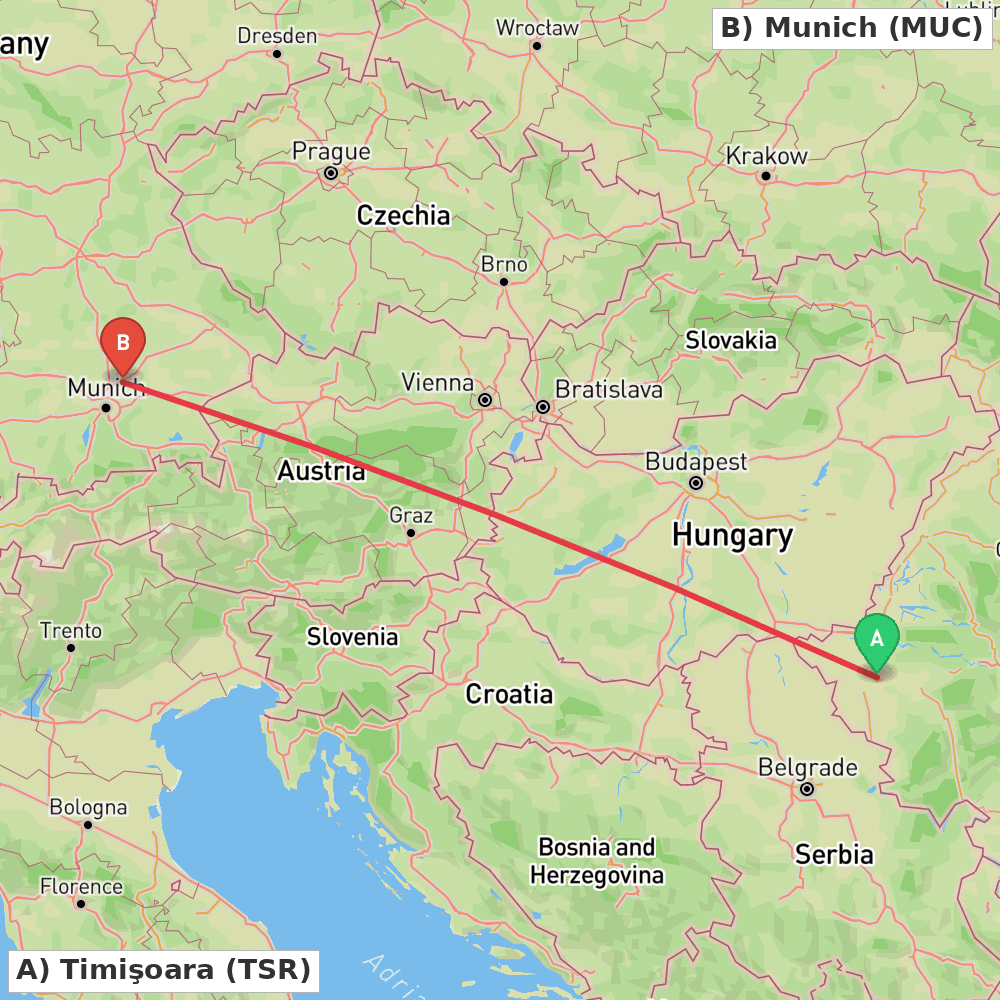 Flight route map from Timişoara to Munich