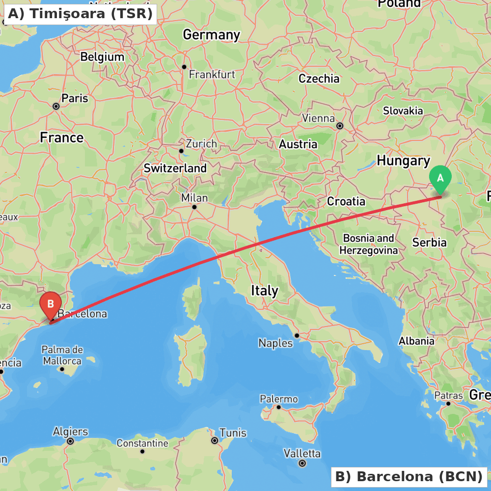 Flight route map from Timişoara to Barcelona