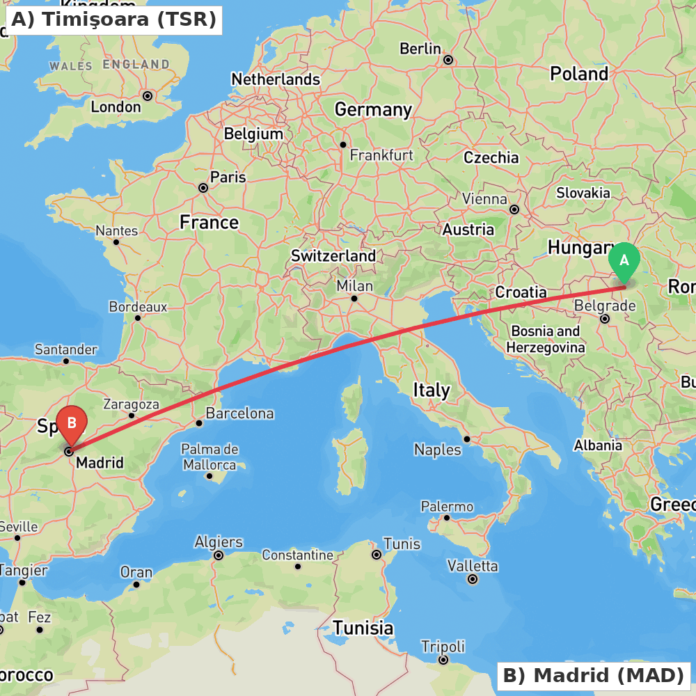 Flight route map from Timişoara to Madrid