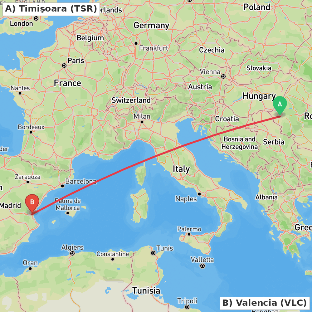 Flight route map from Timişoara to Valencia