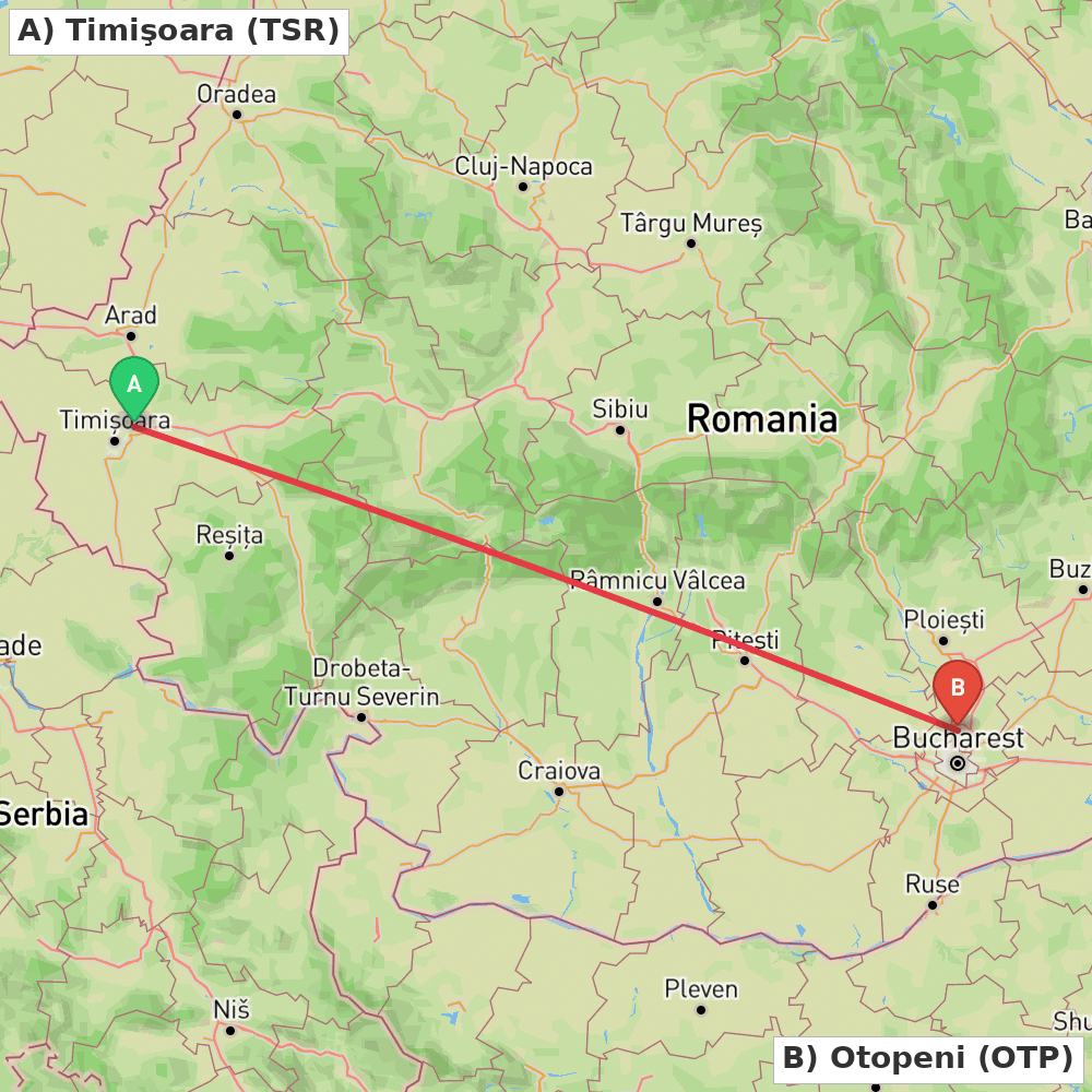 Flight route map from Timişoara to Otopeni