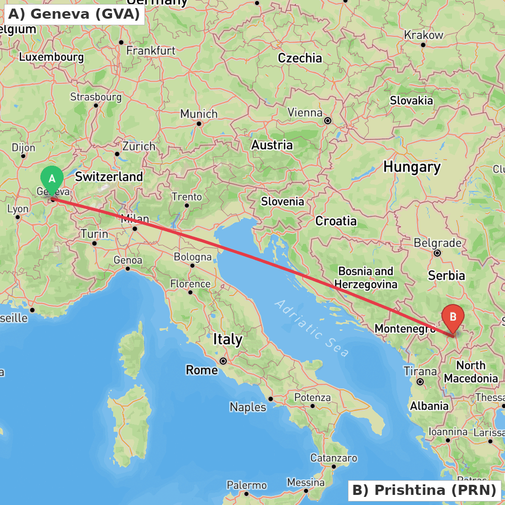 Flight route map from Geneva to Prishtina