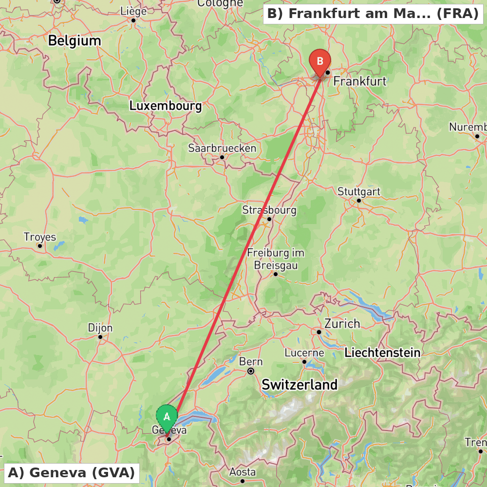 Flight route map from Geneva to Frankfurt am Main