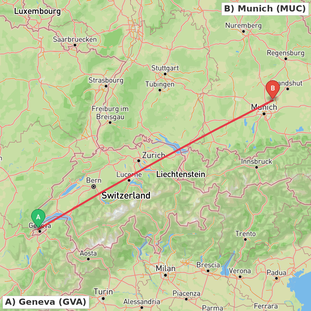 Flight route map from Geneva to Munich