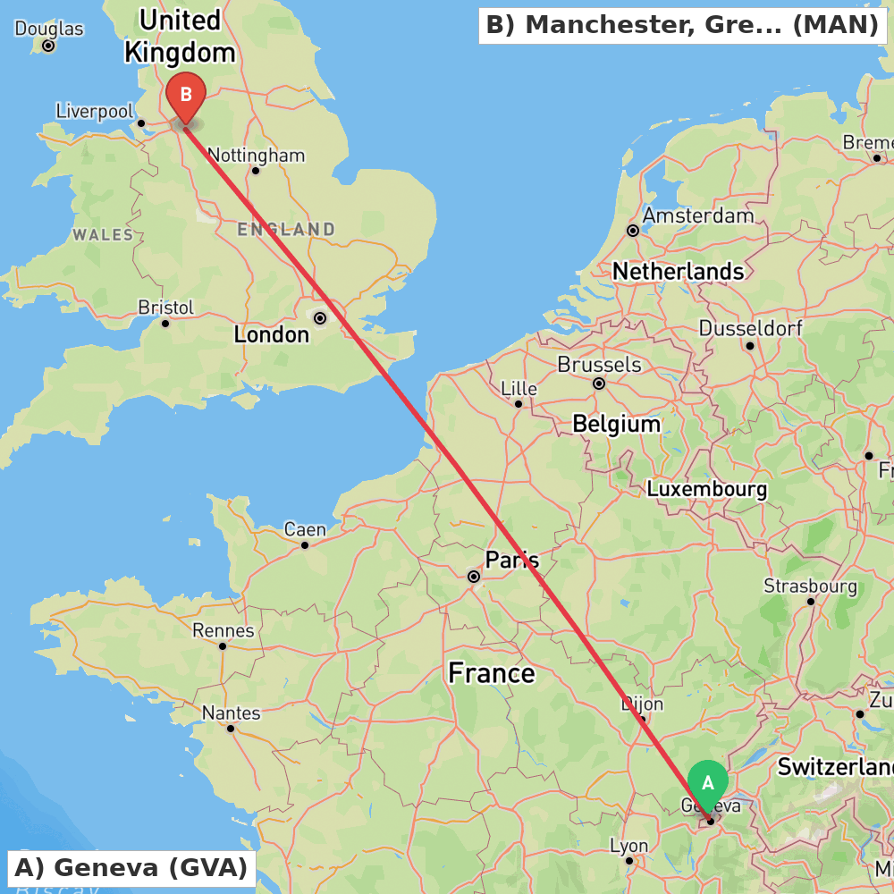 Flight route map from Geneva to Manchester, Greater Manchester