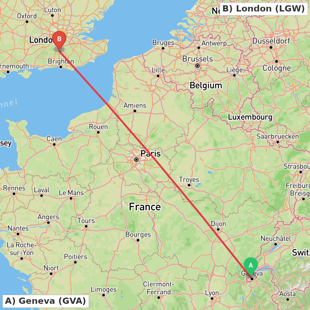 Flight route map from Geneva to London