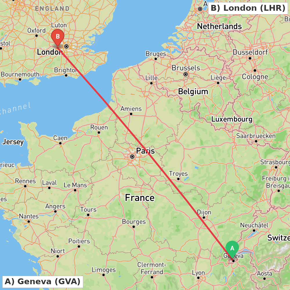 Flight route map from Geneva to London