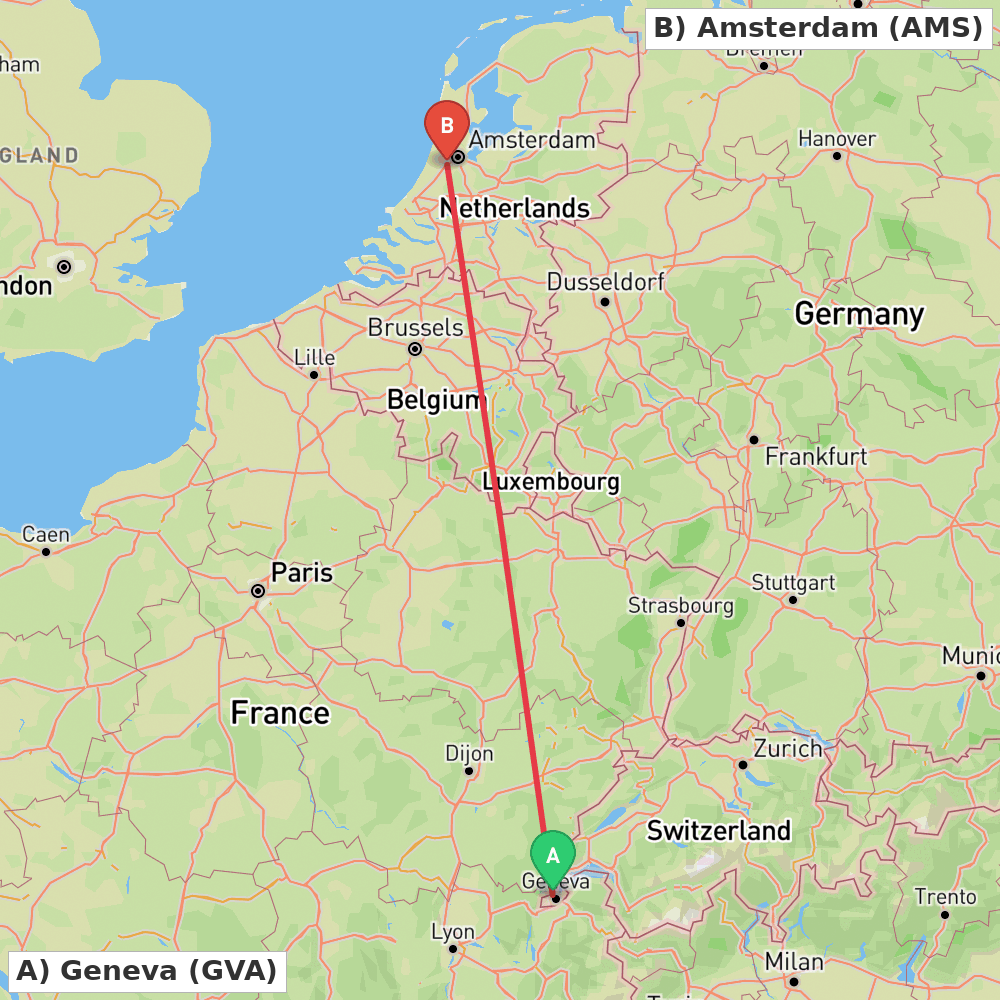 Flight route map from Geneva to Amsterdam