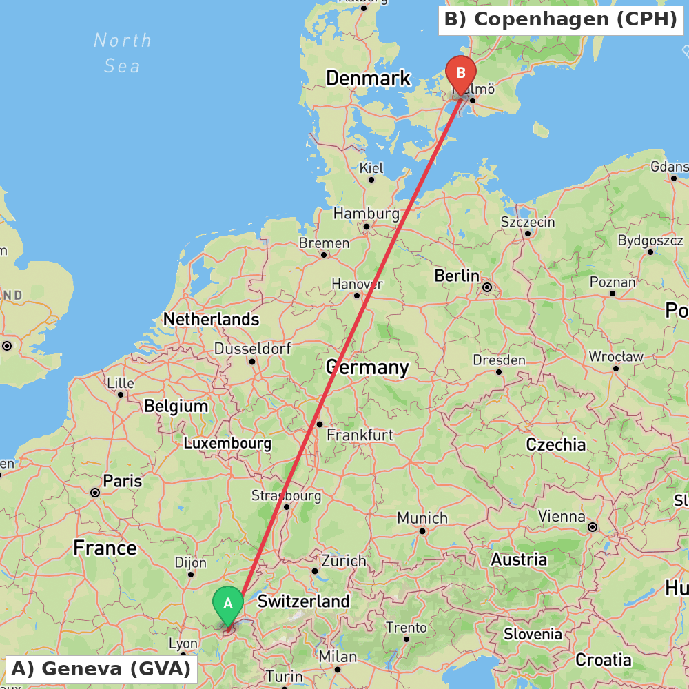 Flight route map from Geneva to Copenhagen